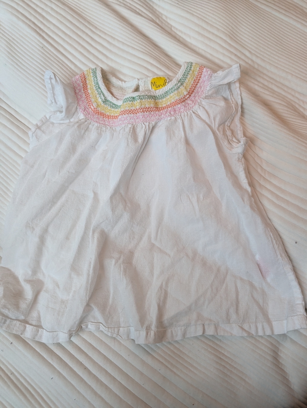 Mini Boden White Tank Top with Pink, Yellow & Green Smocked Neck